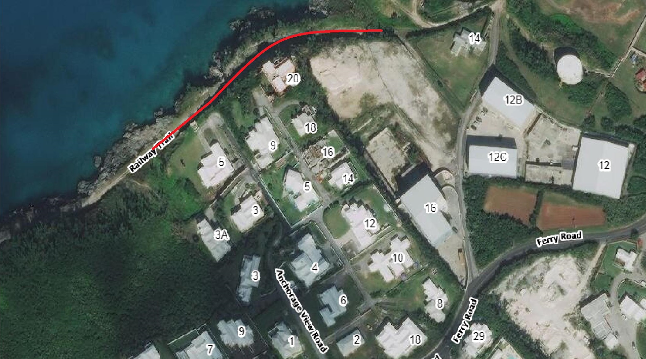 Aerial photo with a red line designating the closed section.