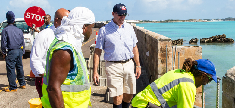 Premier of Bermuda, Michael Dunkley on the Causeway after Hurricane Nicole