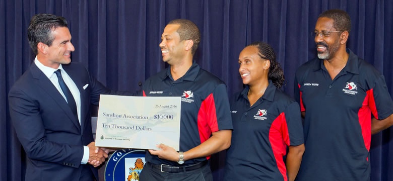 Sen. Jeffrey Baron presented a cheque worth $10,000 to the Bermuda Shansou Association 